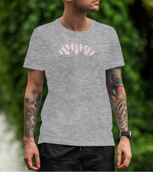 The Three Baseball Hearts Pattern Red Stitching T-Shirt
