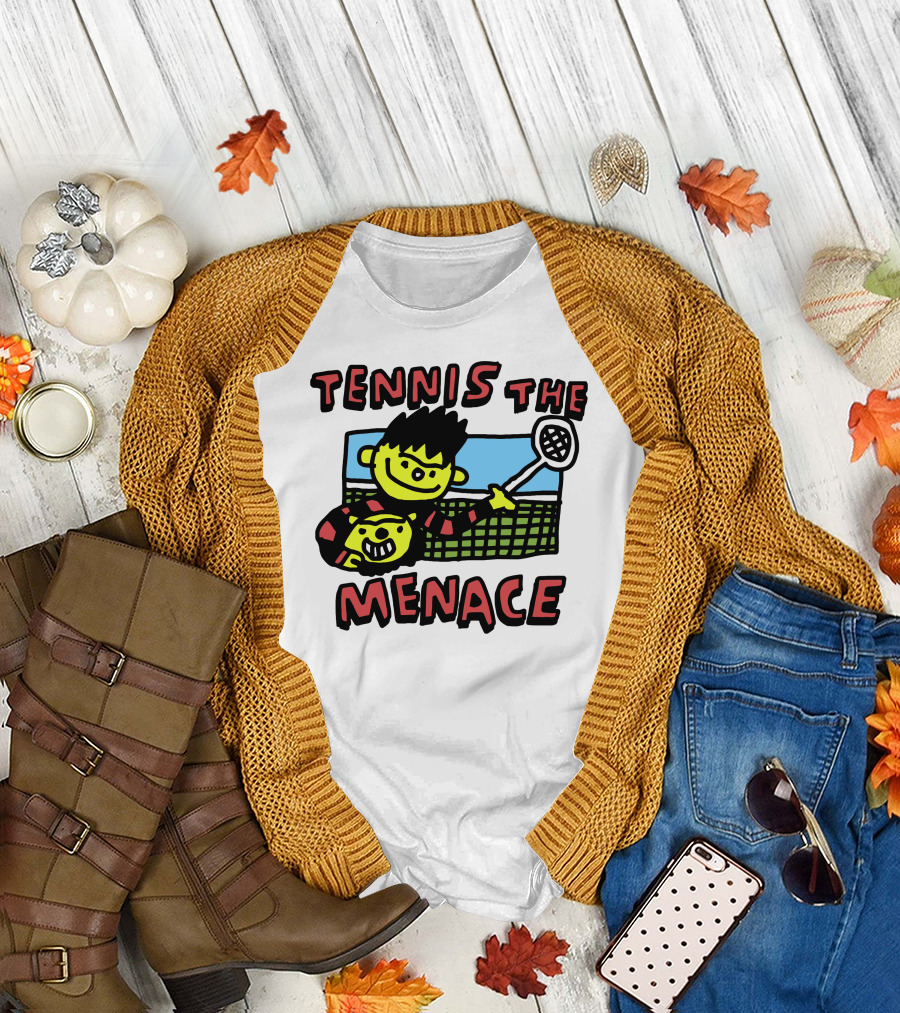 Tennis The Menace Comic Style Tennis Player with Racket T-Shirt