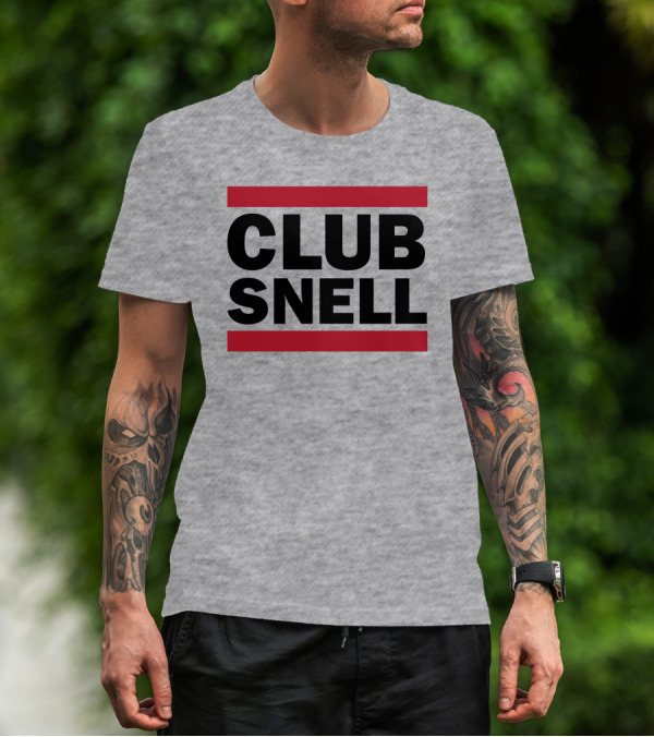 Club Snell Bold Black Text With Red Stripes On Gray Background T-Shirt