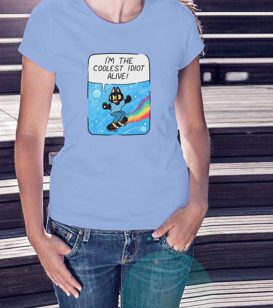 I'm The Coolest Idiot Alive Cat Riding Rainbow Skateboard T-Shirt