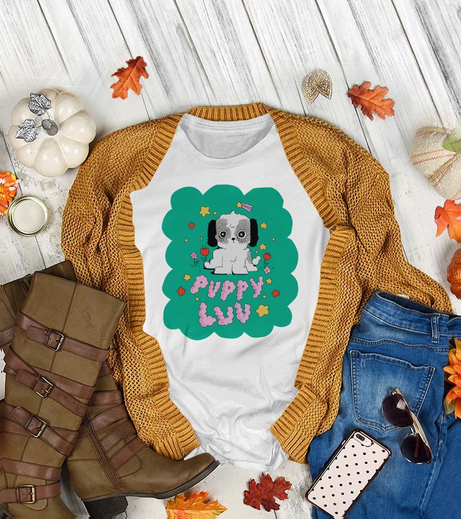 Puppy Luv Chloe Moriondo Cute Cartoon Dog with Stars and Flowers T-Shirt