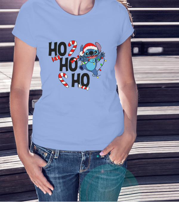 Stitch Ho Ho Ho Christmas Lights And Candy Canes T-Shirt
