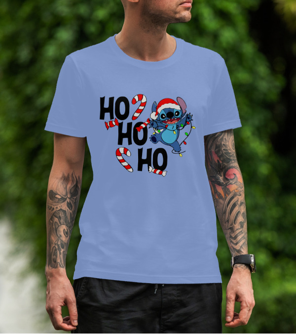 Stitch Ho Ho Ho Christmas Lights And Candy Canes T-Shirt