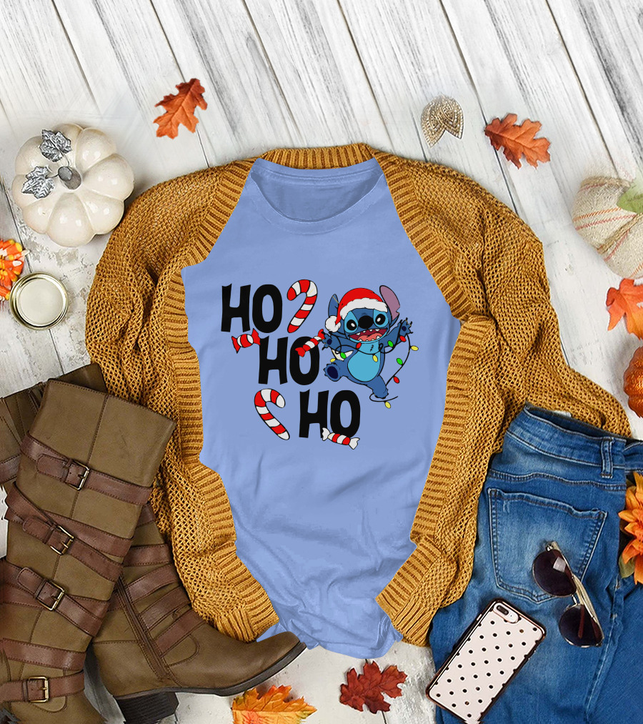 Stitch Ho Ho Ho Christmas Lights and Candy Canes T-Shirt