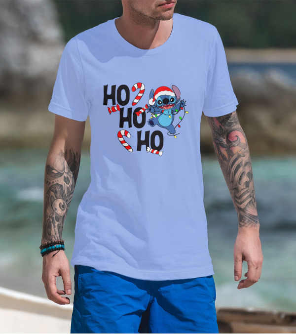 Stitch Ho Ho Ho Christmas Lights And Candy Canes T-Shirt