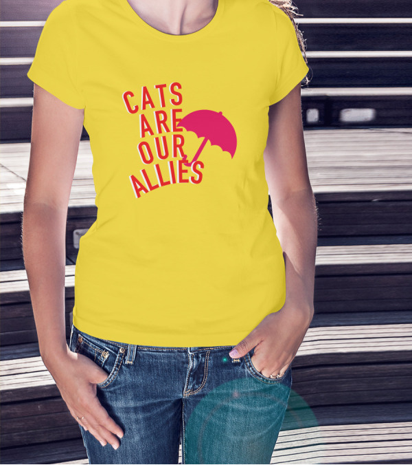 Jortsthecat Cats Are Our Allies Red Umbrella Yellow Background T-Shirt