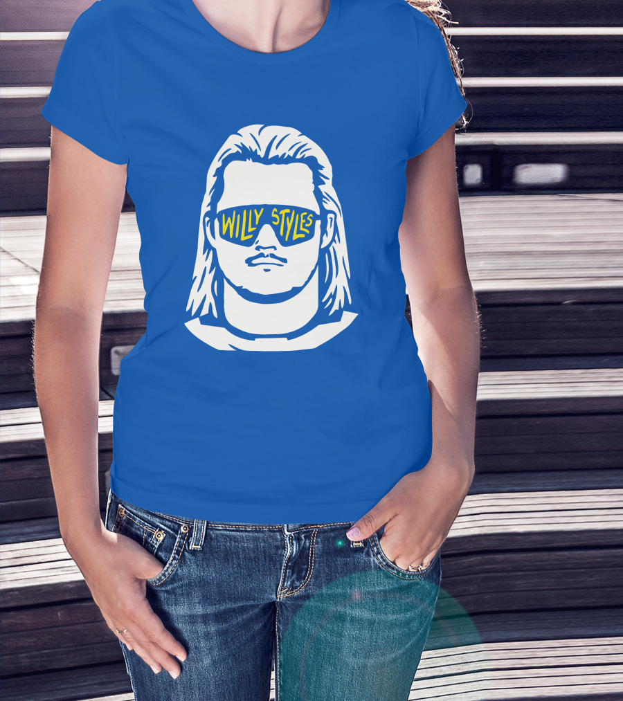 Willy Styles Sunglasses Graphic Blue Background T-Shirt