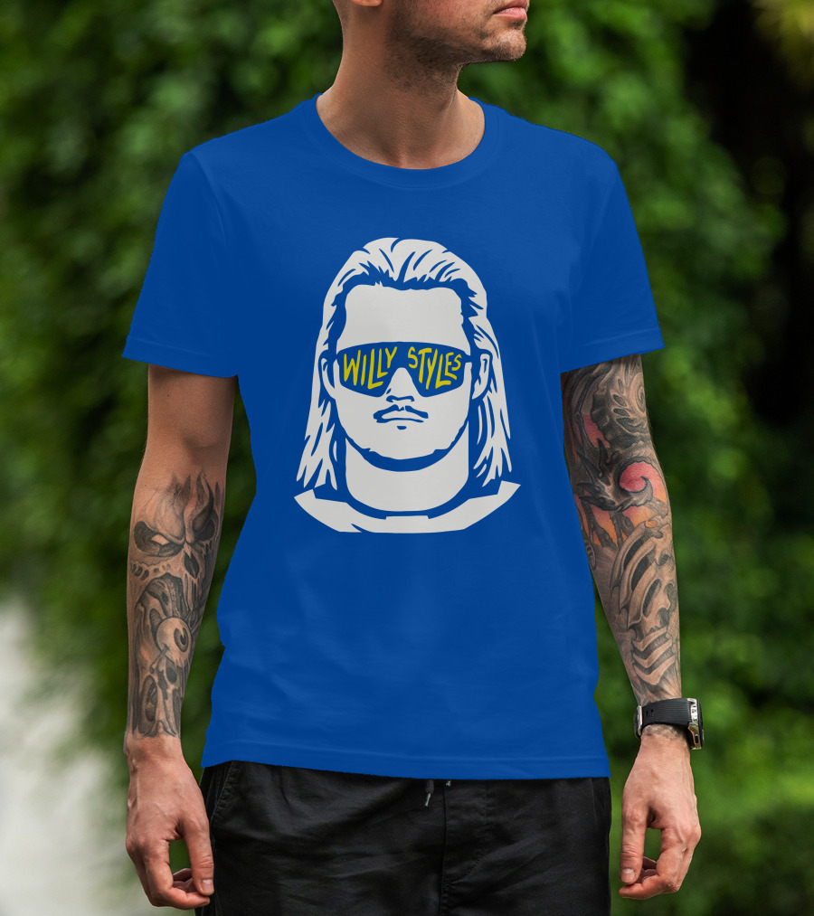 Willy Styles Sunglasses Graphic Blue Background T-Shirt