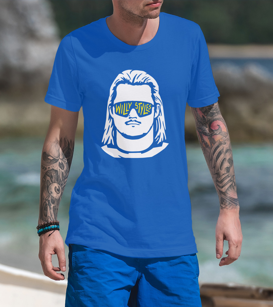 Willy Styles Sunglasses Graphic Blue Background T-Shirt