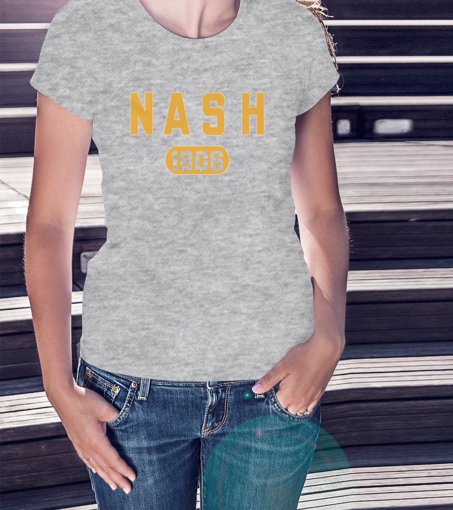 Nash 1806 Retro Varsity Style Yellow Text On Gray Background T-Shirt