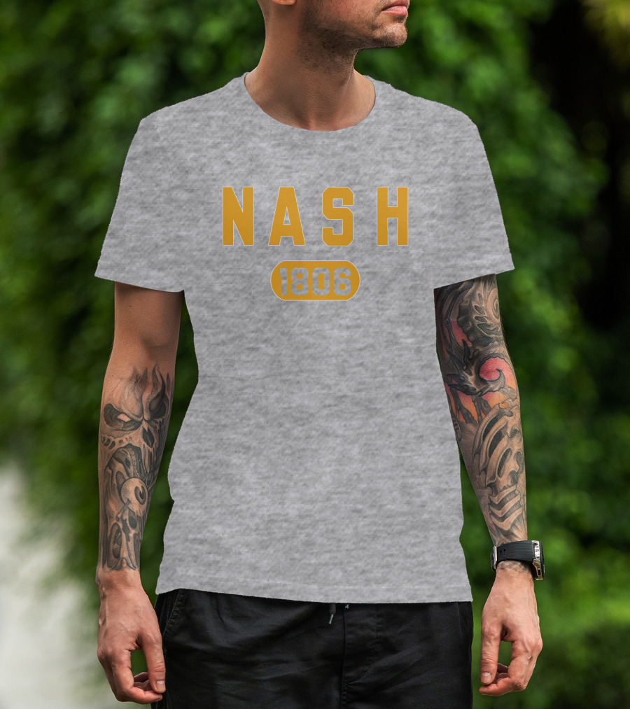 Nash 1806 Retro Varsity Style Yellow Text On Gray Background T-Shirt