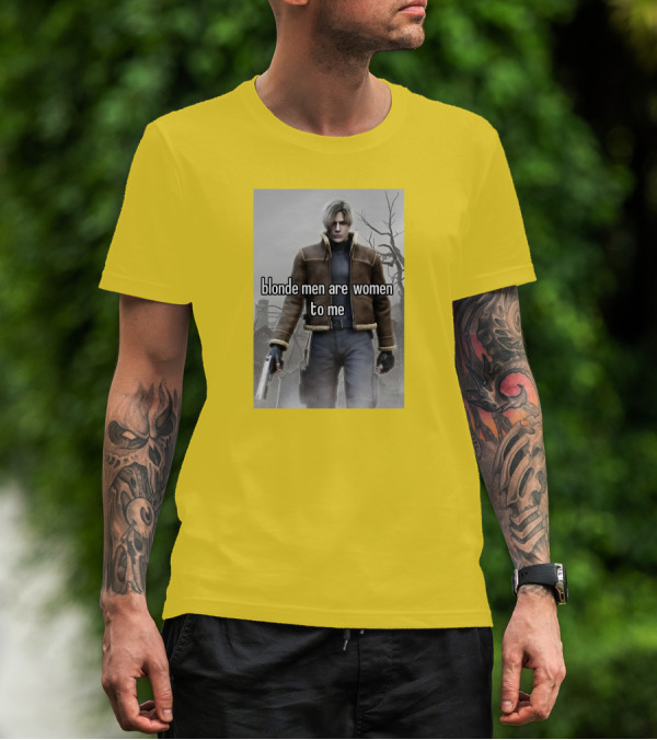 Blonde Men Are Women To Me Resident Video Game Character Brown Jacket Gun T-Shirt