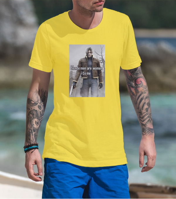 Blonde Men Are Women To Me Resident Video Game Character Brown Jacket Gun T-Shirt