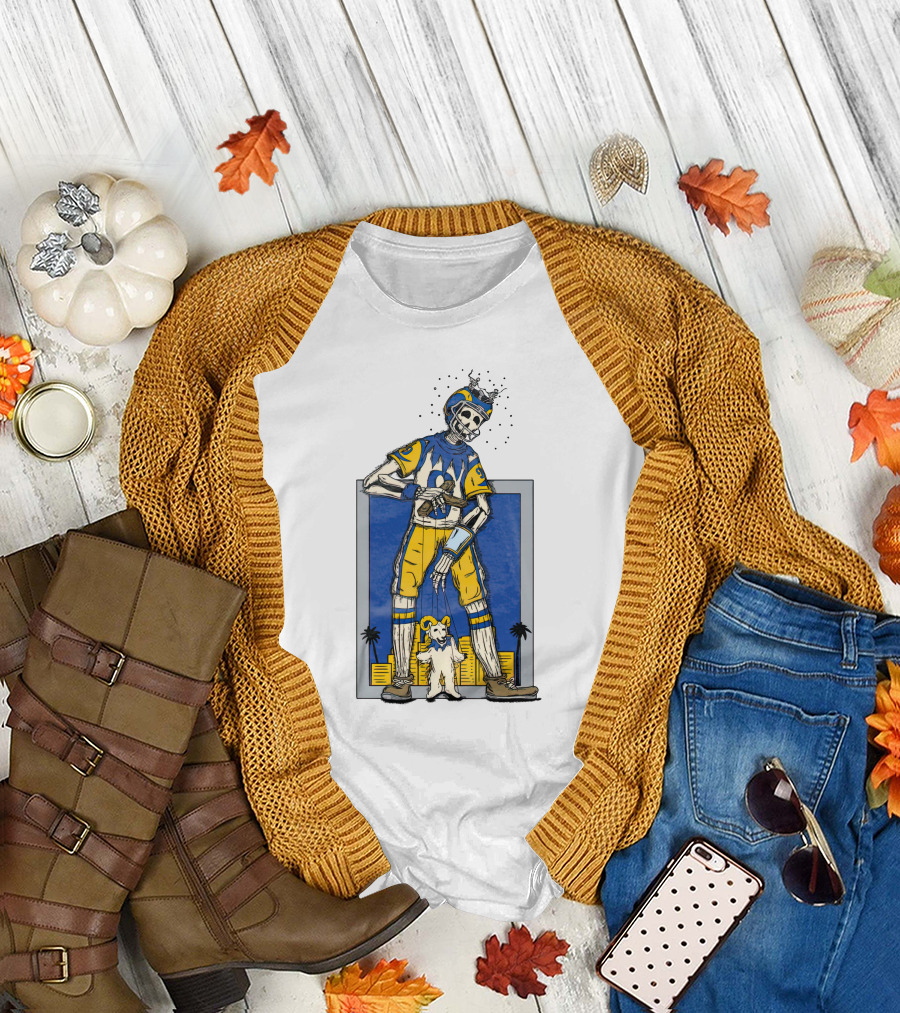 LA Skeleton Football Player Blue Gold Dog Helmet Cityscape T-Shirt