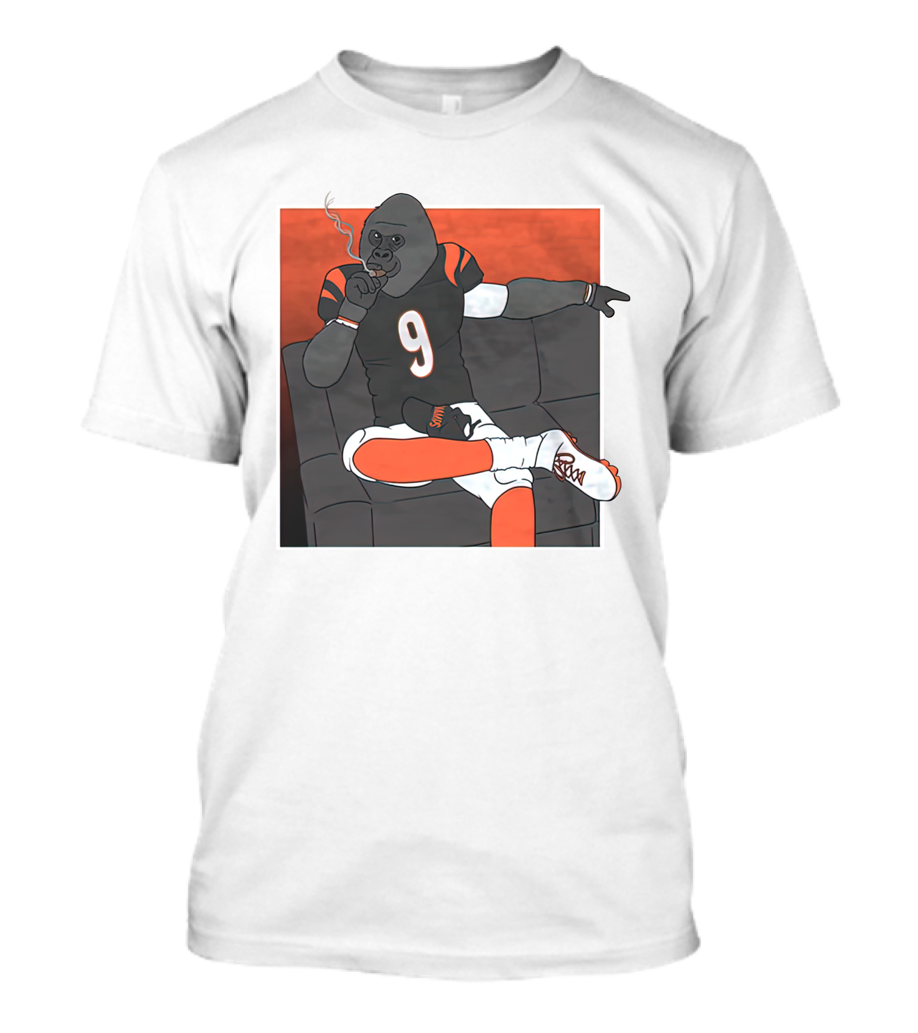 Harambe Smoking Gorilla Wearing Number 9 Jersey Sitting On Couch T-Shirt