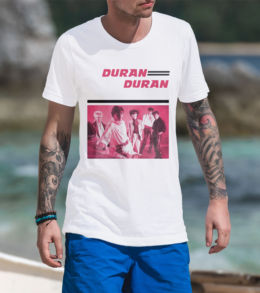 Duran Duran Band Photo With Stylized Logo And Pink Tone T-Shirt