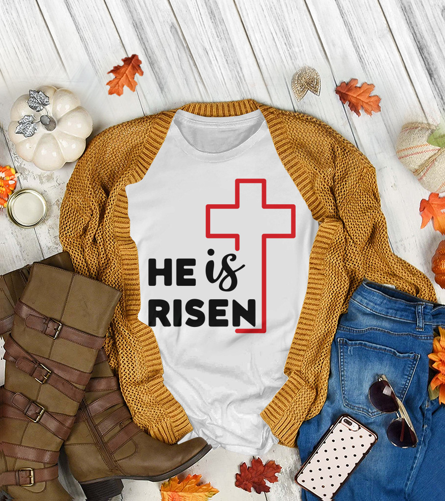 HE IS RISEN Cross Outline T-Shirt