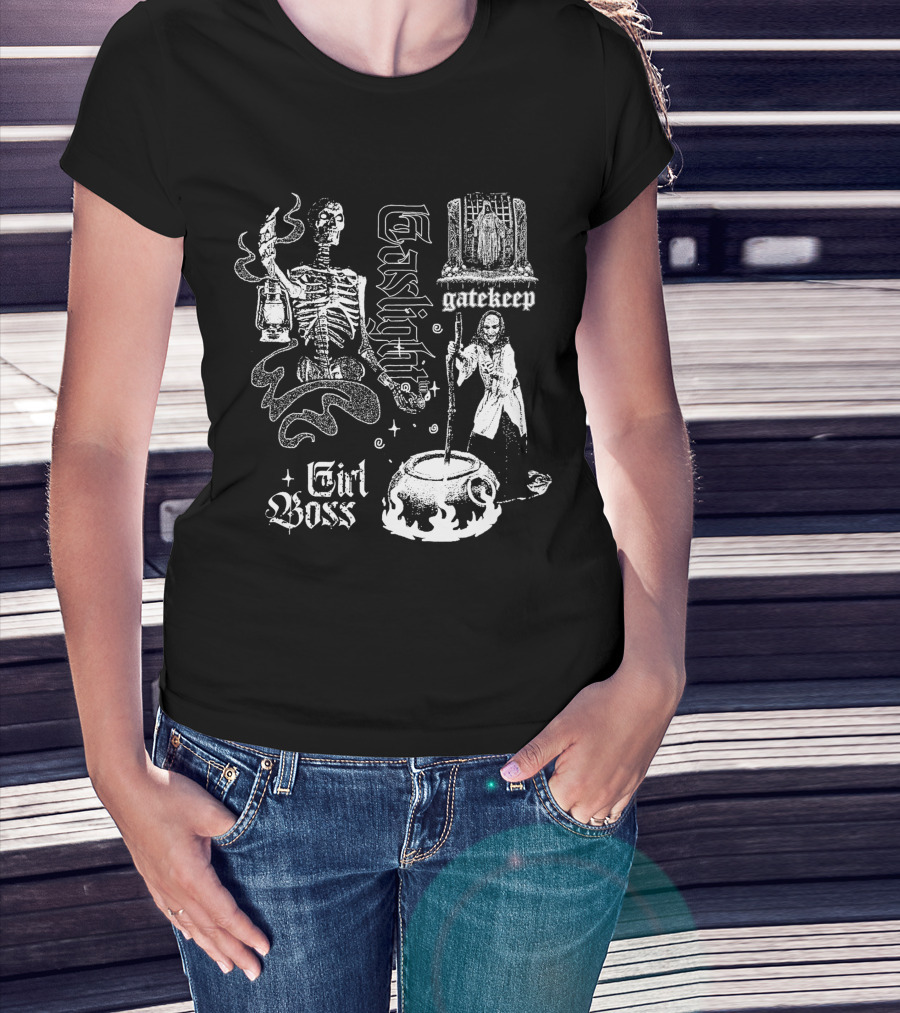 Gaslight Gatekeep Girl Boss Skeleton Witch Cauldron T-Shirt