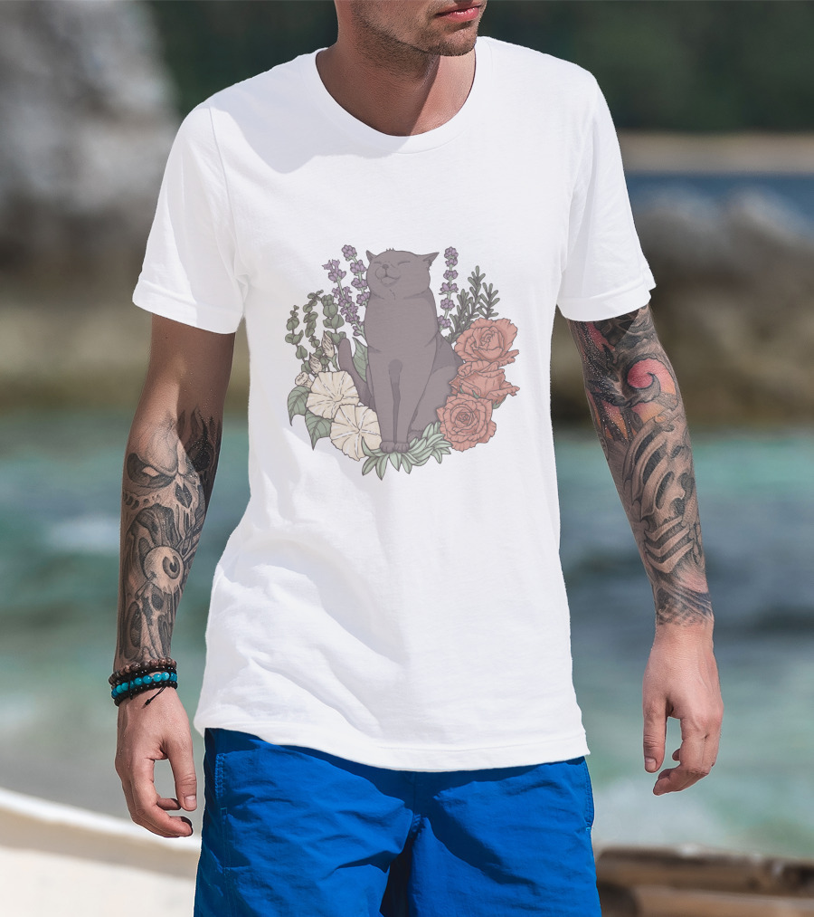 Blissful Cat Surrounded By Autumn Floral Breeze T-Shirt