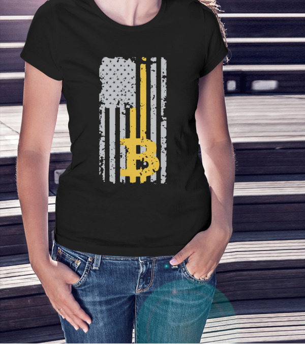 Bitcoin Logo On Distressed American Flag Background T-Shirt