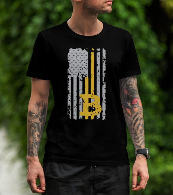 Bitcoin Logo On Distressed American Flag Background T-Shirt