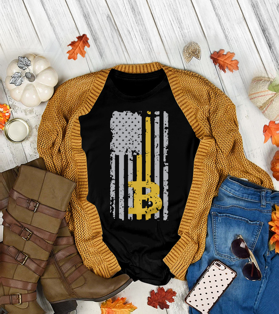 Bitcoin Logo on Distressed American Flag Background T-Shirt