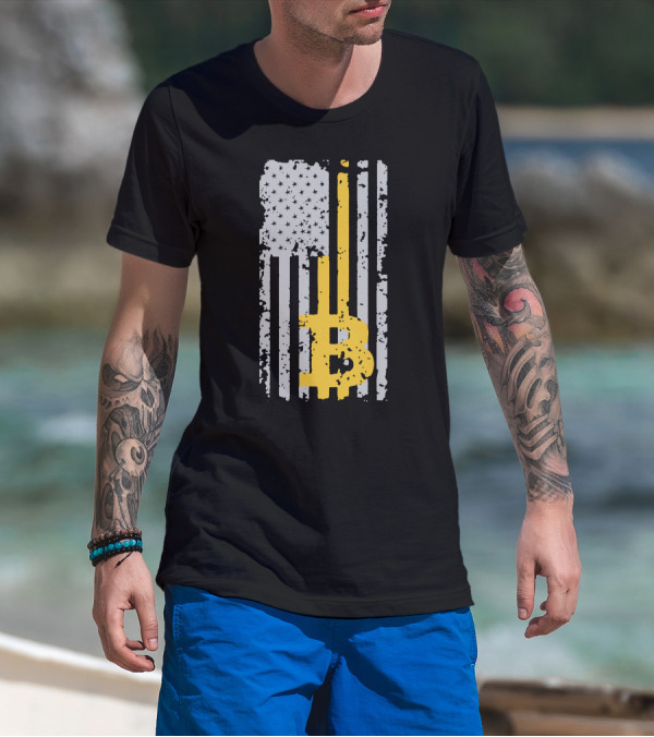 Bitcoin Logo On Distressed American Flag Background T-Shirt