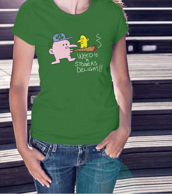Weed Is A Stoners Delight Cartoon Characters Smoking Joint T-Shirt