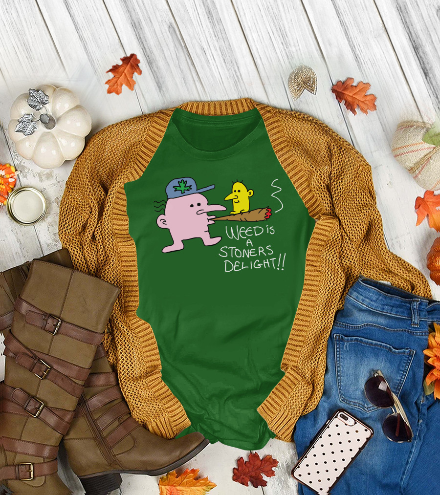Weed Is A Stoners Delight Cartoon Characters Smoking Joint T-Shirt