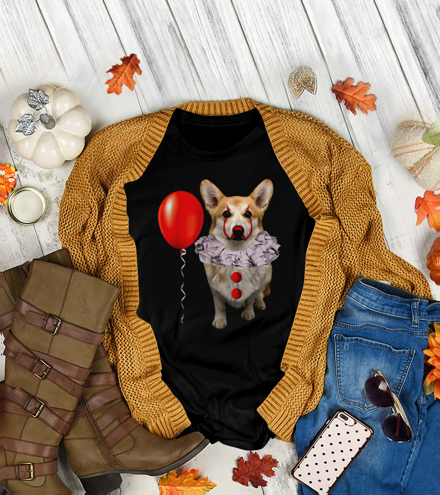 Red Balloon Corgi Scary Clown Funny Costume T-Shirt