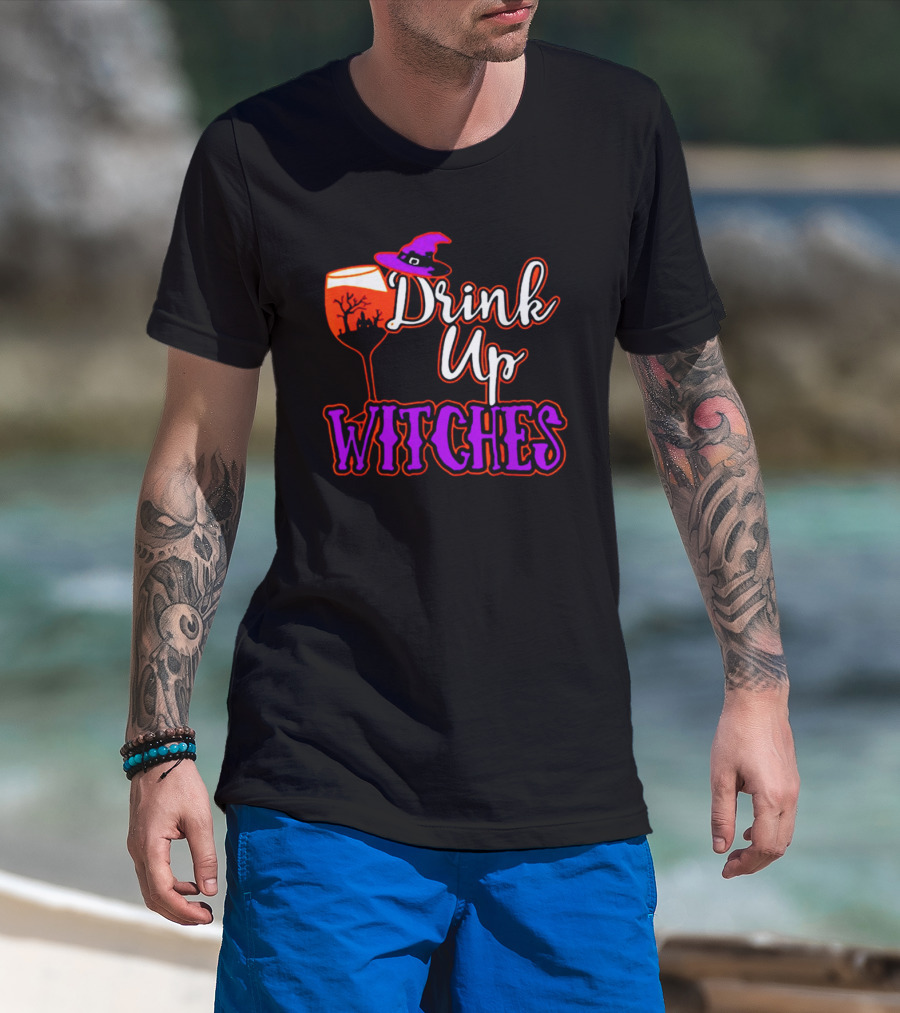 Drink Up Witches Halloween Wine Glass Witch Hat And Haunted Tree T-Shirt
