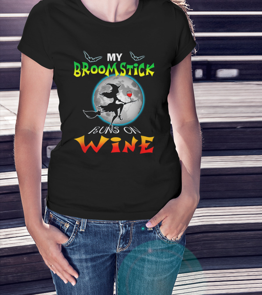 My Broomstick Runs On Wine Halloween Wine Lover Moon And Witch T-Shirt