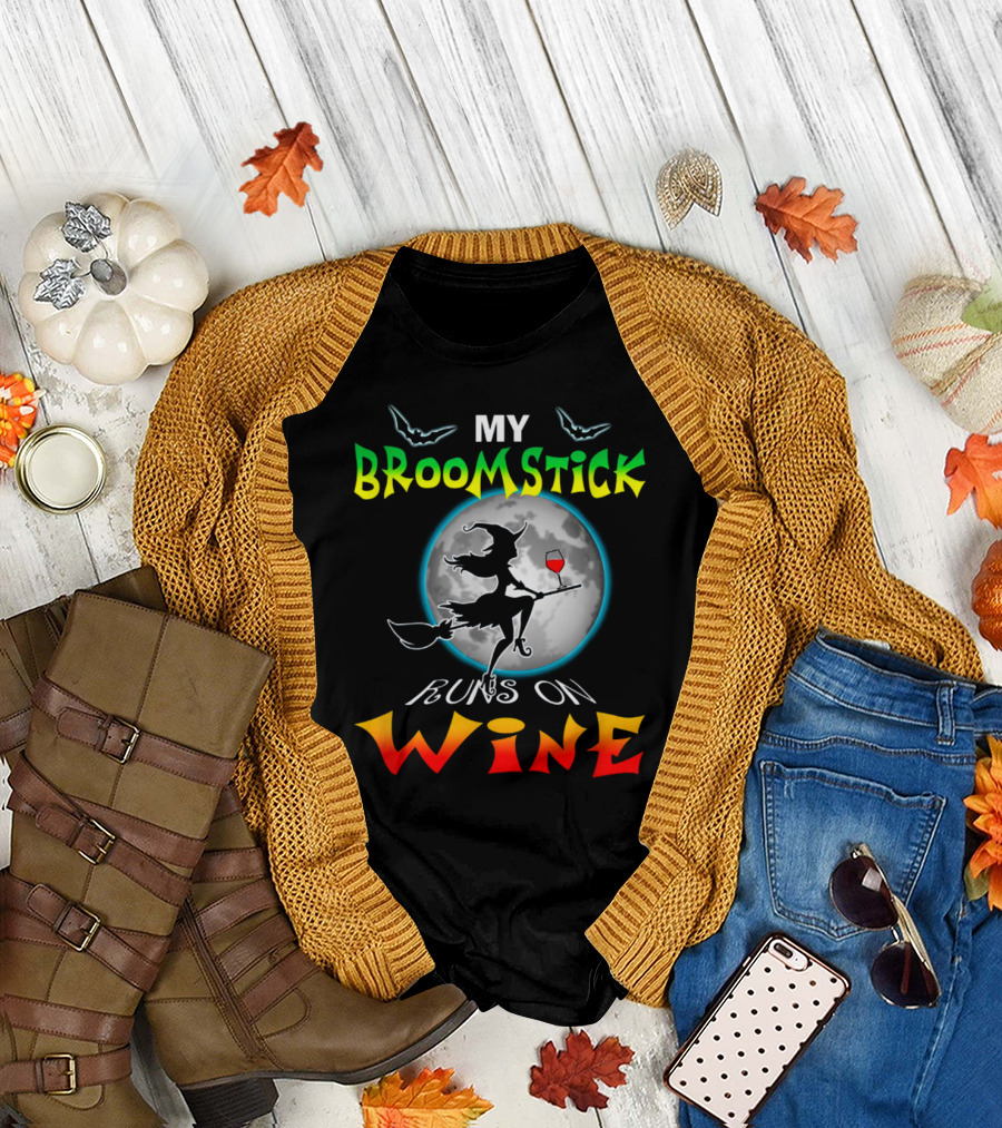 My Broomstick Runs On Wine Halloween Wine Lover Moon and Witch T-Shirt