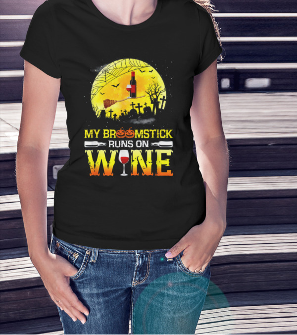My Broomstick Runs On Wine Halloween Moon Pumpkins Graveyard Scene T-Shirt