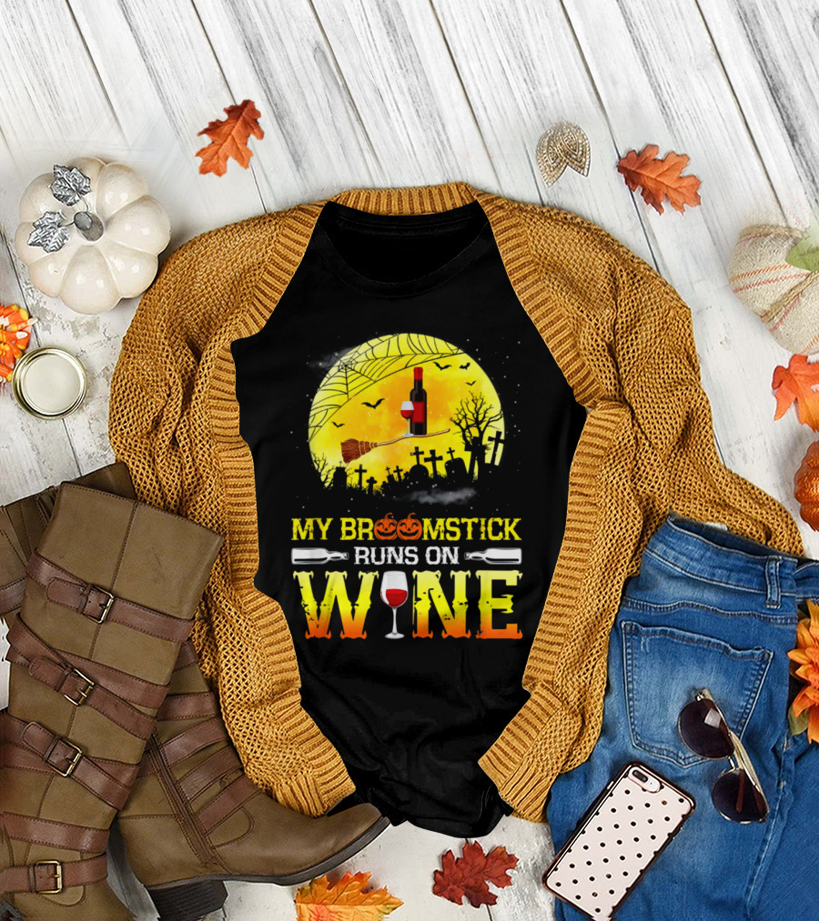 My Broomstick Runs On Wine Halloween Moon Pumpkins Graveyard Scene T-Shirt