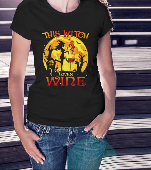 Witch Silhouette Enjoying Wine In Halloween Scene With Full Moon And Bats T-Shirt