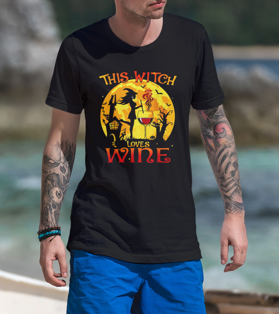 Witch Silhouette Enjoying Wine In Halloween Scene With Full Moon And Bats T-Shirt