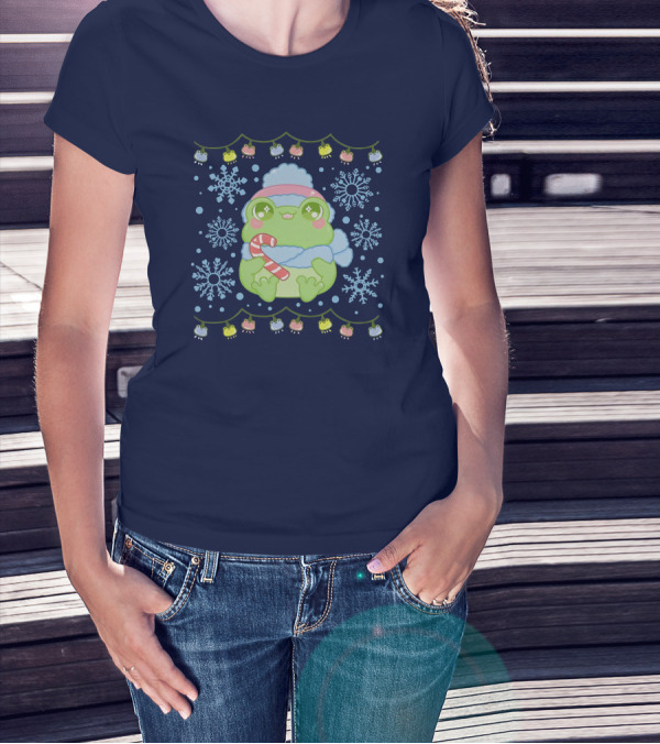 Merry Frogmas Cute Winter Frog With Candy Cane And Snowflakes T-Shirt