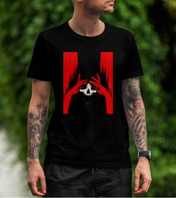 Pitch Canker Overwhelmed Skull In Red And Black T-Shirt