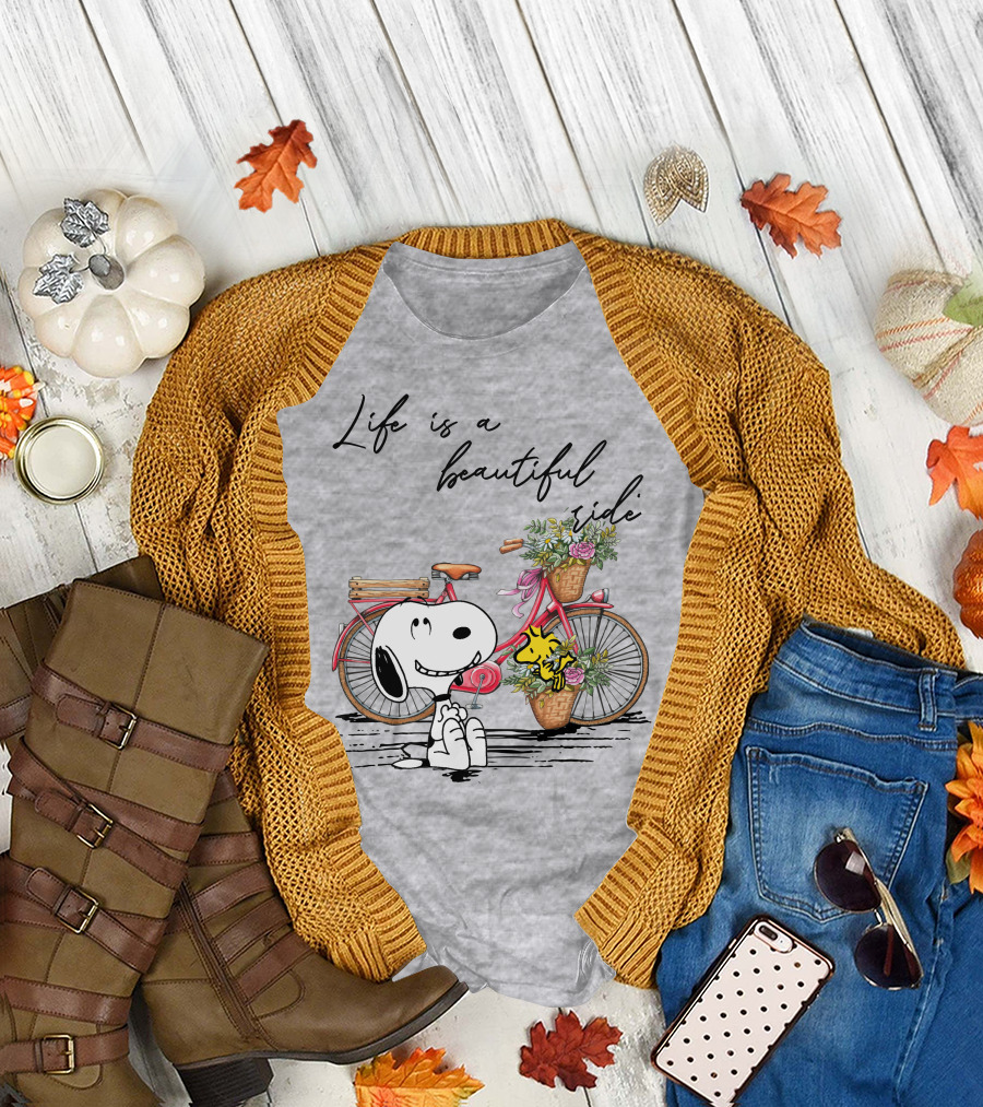 Life Is A Beautiful Ride with Snoopy and Woodstock on Floral Bicycle T-Shirt