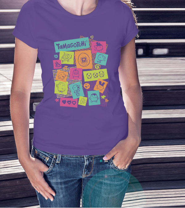 Tamagotchi Neon Character Collage With Hearts And Stars T-Shirt
