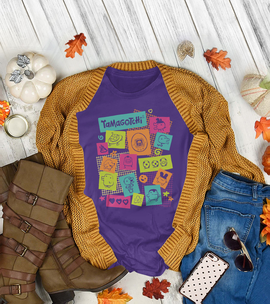 Tamagotchi Neon Character Collage with Hearts and Stars T-Shirt