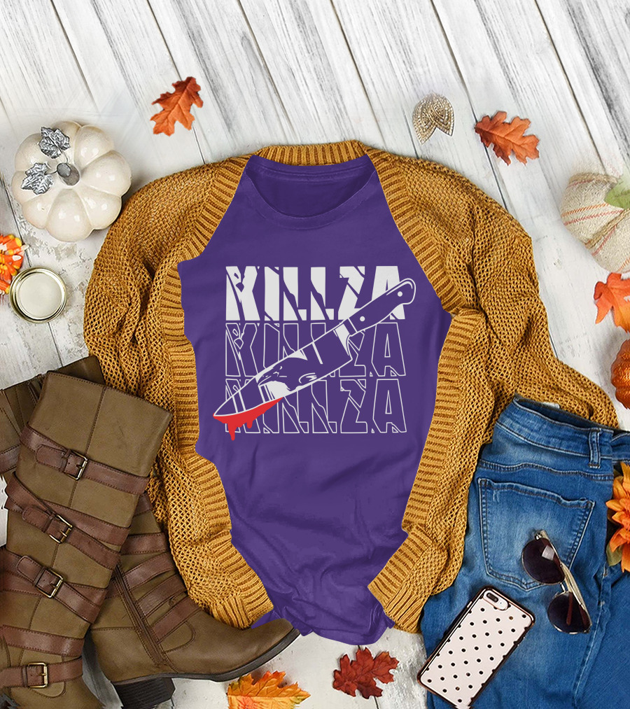 Killza Knife Graphic with Bold Repeated Text T-Shirt