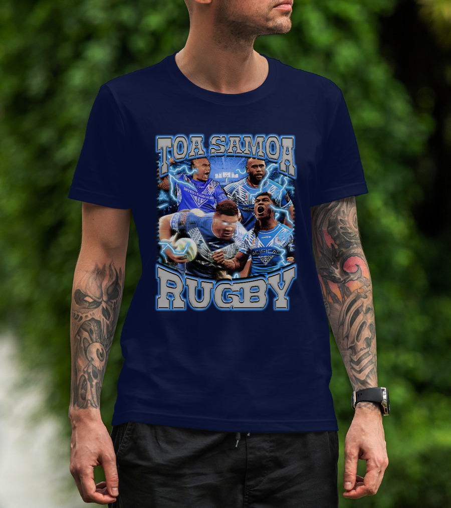 Toa Samoa Rugby Blue Jersey Action Lightning Background T-Shirt