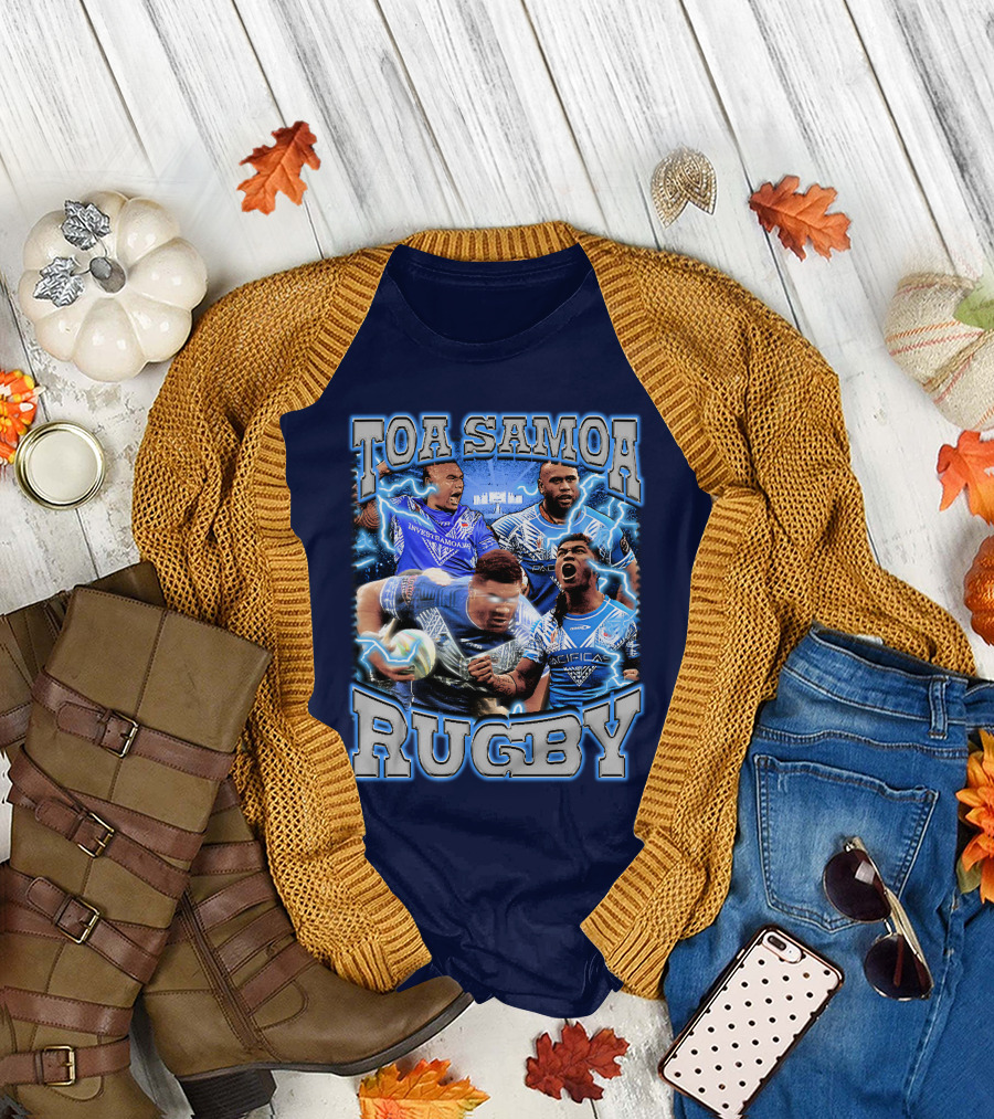 Toa Samoa Rugby Blue Jersey Action Lightning Background T-Shirt