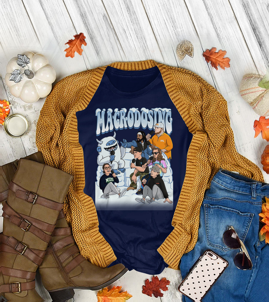 Macrodosing Yeti Podcast Group in Ice Fortress Scene with Microphones and Laughter T-Shirt
