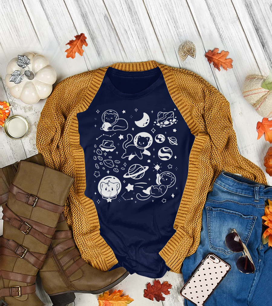 Helloapparel Cosmic Cat Astronaut Adventure with Stars and Planets T-Shirt