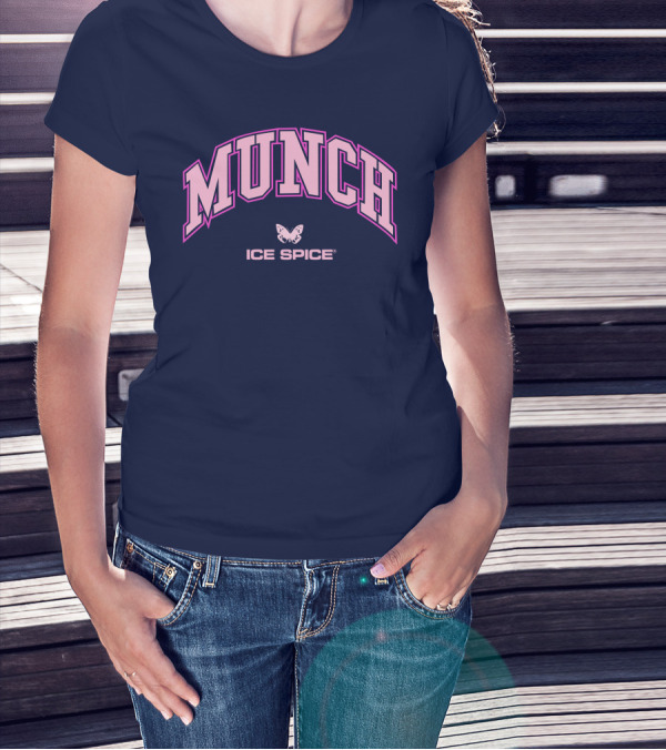 Munch Butterfly Ice Spice Pink Lettering Dark Blue Background T-Shirt