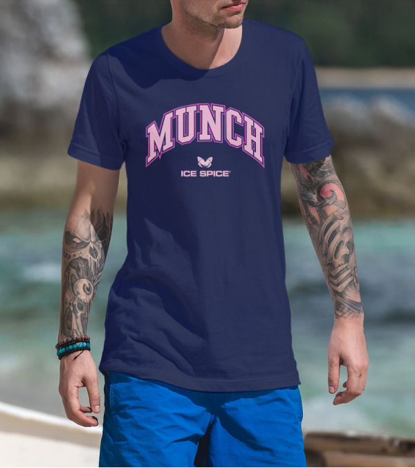 Munch Butterfly Ice Spice Pink Lettering Dark Blue Background T-Shirt