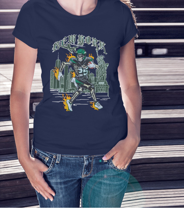 New York Ty Johnson Football Skyline Skeleton Art Flames Statue Of Liberty T-Shirt